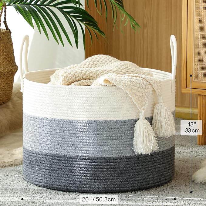 KAKAMAY Large Blanket Basket (20"x13"),Woven Baskets for storage Baby Laundry Hamper,Cotton Rope Blanket Basket for Living Room, Laundry, Nursery, Pillows, Baby Toy chest with Handles (White/Grey)