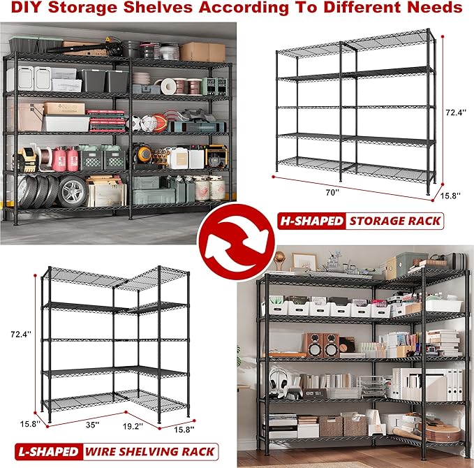 REIBII 70" W Storage Shelves Load 1600LBS,Metal Shelving 5-Tier Wire Shelving Unit Garage Shelving for Storage Adjustable Metal Shelves for Pantry Kitchen Garage Commercial, 70" W*15.8" D*72.4" H
