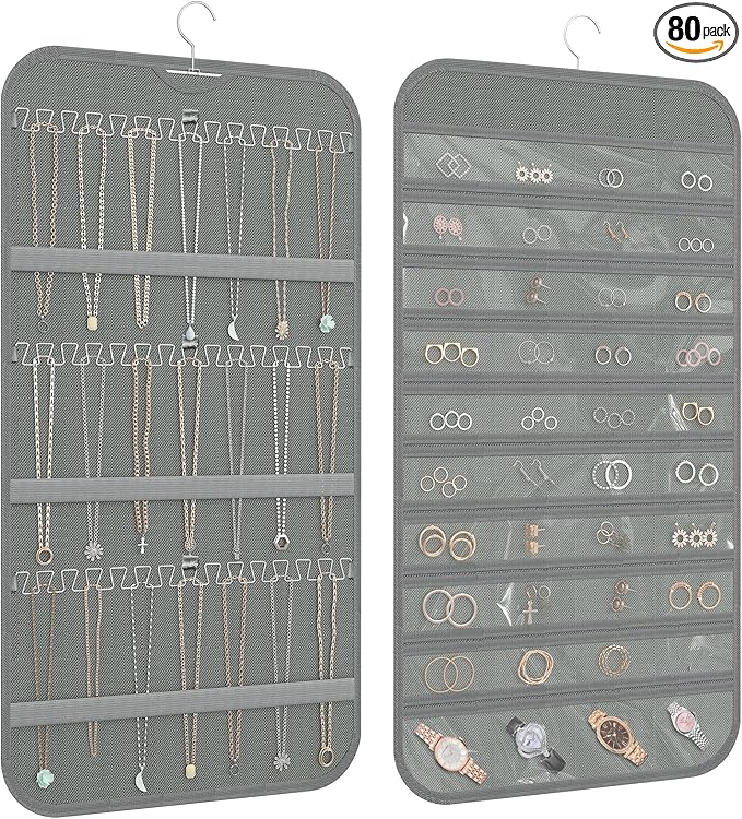 Hanging Jewelry Organizer Storage, 40 Pockets 36 Hooks Necklace Earring Necklace Bracelet Ring Organizer, Double - Sided Design, Grey