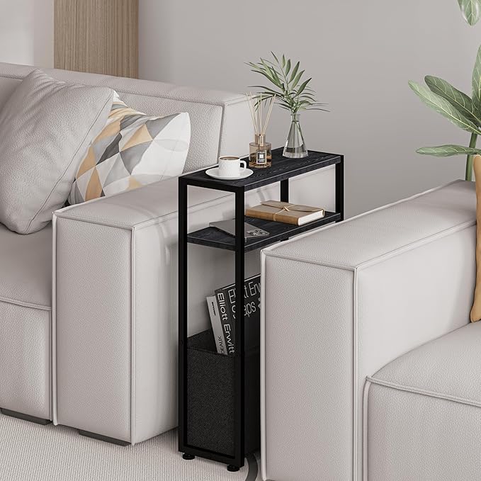 Narrow Side Table, Slim Side Table with Magazine Rack, Bathroom Table for Small Spaces, Narrow Bedside Table for Living Room, Bedroom