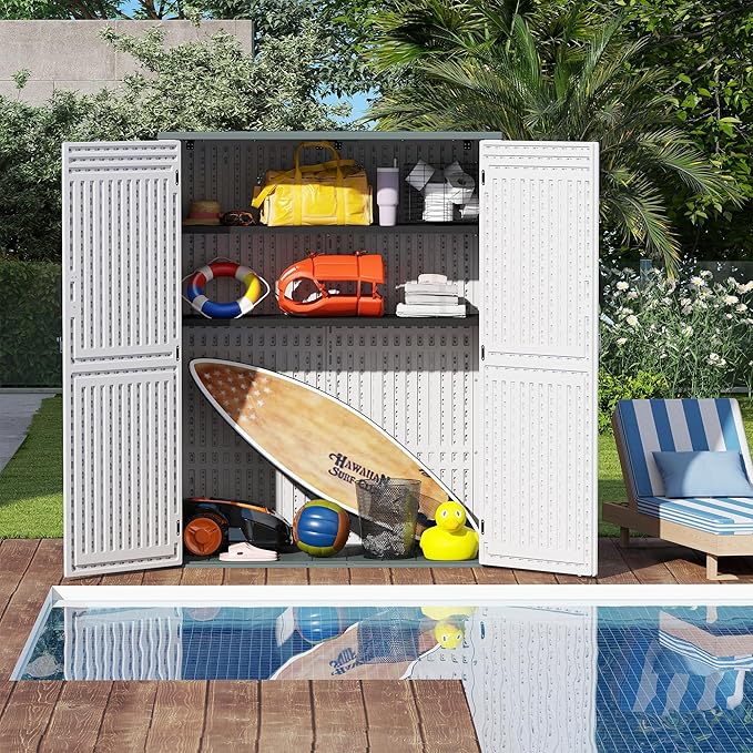 EHHLY Vertical Resin Storage Shed with 2 Shelves, 60 Cuft Garden Tool Sheds & Outdoor Storage, Plastic Outdoor Storage Cabinet Waterproof, 4.5 x 2.3 ft Outside Lawn Mower Storage Shed, Light Grey