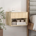 Floating Nightstand with Drawer and Open Shelf, Small Wall Mounted Bedside End Table, Modern Fluted Night Stand for Bedroom, Living Room, Light Oak