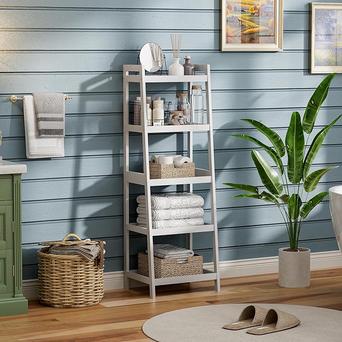 Bookshelf, 5 Tier Ladder Bookcase with Bamboo Frame, Freestanding Tall Narrow Display Plant Shelf for Living Room, Kitchen, Bedroom, Balcony, White