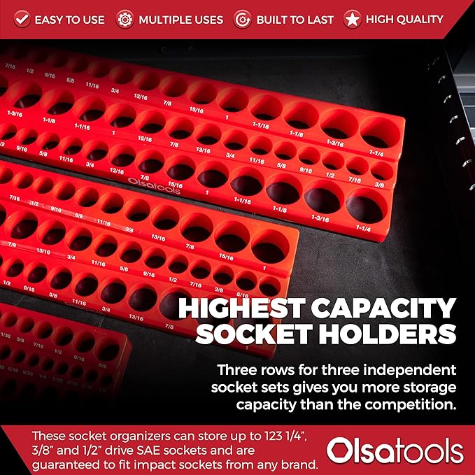 Olsa Tools Magnetic Socket Organizer | 3pc Socket Holder Kit | 1/2-Inch, 3/8-Inch, & 1/4-Inch Drive | Socket Organizers For Toolboxes | Red | Holds 123 | Professional-Grade Tool Organizer | Part 1560