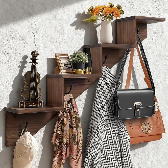Coat Rack Wall Mount with Shelf, Brown Ladder Shelf with Hooks Underneath, Wall Mounted Rise Wooden shelves for Decorative, 4 Double Hooks for Hanging Coats, Keys, Books, Flowers, Planter, Towels
