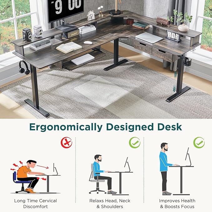 RedLemon 75X60 Inches L Shaped Electric Standing Desk,Height Adjustable Corner Gaming Desk with Drawers, Keyboard Tray, Power Outlets & LED Lights, Computer Desk with Monitor Shelf, Dark Rustic Oak