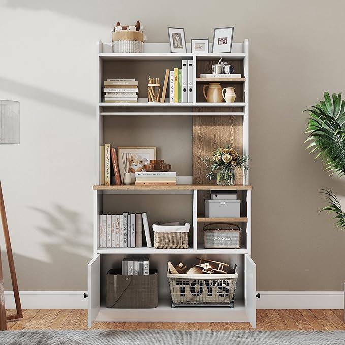 Book Shelf, 5-Tier Bookshelf, Bookcase, 71 inch Tall Bookcase with Doors, Bookshelves and Bookcases with Storage Cabinet and 6 Open Cubes, 3 AC Outlets for Home Office, Living Room, Study, White