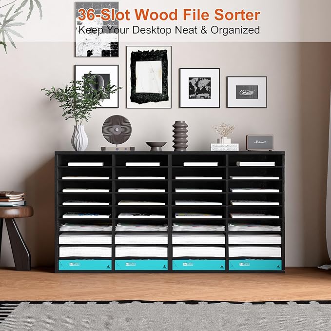 TQVAI Wood Literature Organizer, 36 Slots Classroom Mailbox with Adjustable Dividers, Mail Sorter Organizer Countertop Vertical Heavy Duty Office Mailbox Cubbies, Black
