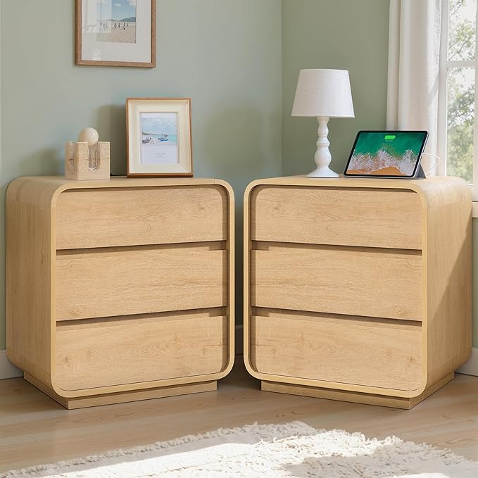 Modern Nightstand Set of 2, 23.2" Large Wood Night Stand with Charging Station & Curved Profile, 3 Storage Drawers Dresser Bedside Table, Mid-Century End Table for Bedroom Sofa, Natural