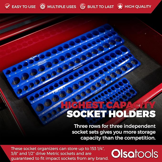Olsa Tools 3-Row Magnetic Socket Organizer - Patented 3pc Socket Holder Kit - 1/2-Inch, 3/8-Inch, & 1/4-Inch Drive - Socket Organizers For Toolboxes - Blue - Holds 141 - Part 1562