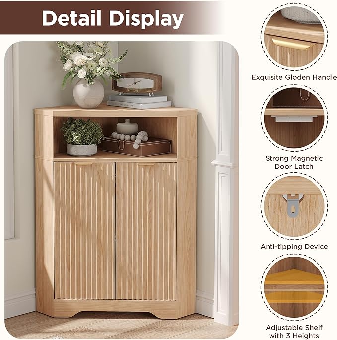 Vabches Corner Cabinet, Corner Bathroom Cabinet with Open Storage, Modern Fluted Storage Cabinet with 2 Doors and Adjustable Shelf, Space Saver for Bathroom, Kitchen, Living Room, Pantry, Natural