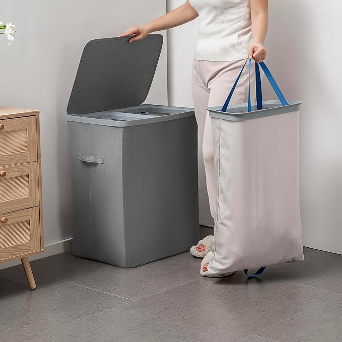 Laundry Hamper with lid, 100L Large Capacity Foldable Laundry Basket with Dual Compartments for Light & Dark Clothes, Removable Bags, Space-Saving, Easy Setup