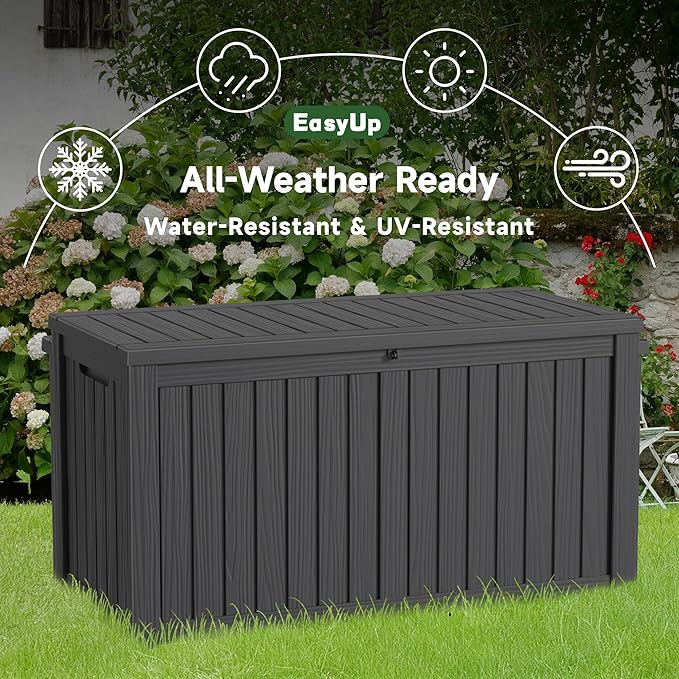 EasyUp 180 Gallon Outdoor Storage Box Waterproof, UV Resistant Resin Deck Box with Hydraulic Rod, Reinforced Stability for Patio, Garden, and Pool, Striped Black