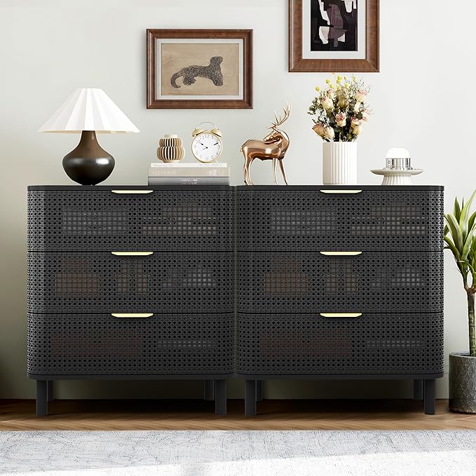 ORRD 3 Drawer Dresser, Modern Iron Rattan Cabinet Dresser for Bedroom, Large Nightstand Accent Storage Chest of Drawers for Living Room, Bedroom - Black