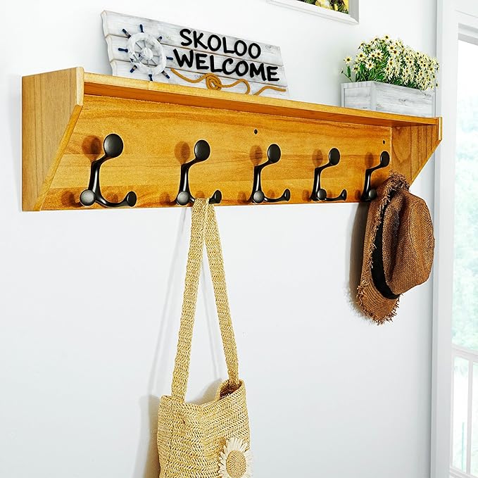 SKOLOO Wall Shelf with Hooks, 35-Inch Brown Coat Rack Wall Mount with Shelf Organizer - Lightweight & Sturdy, 5 Tri Hooks - Perfect for Entryway, Hallway, Living Room, Bedroom, Mudroom