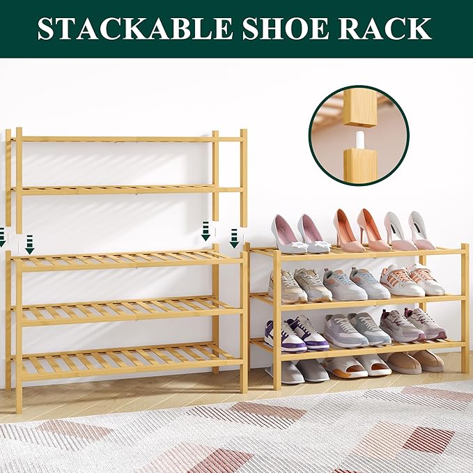 Smiry Bamboo Shoe Rack for Closet, 5 Tier Wooden Stackable Shoe Organizer, Free Standing Shoes Storage Shelf for Entryway, Front Door Entrance, Natural