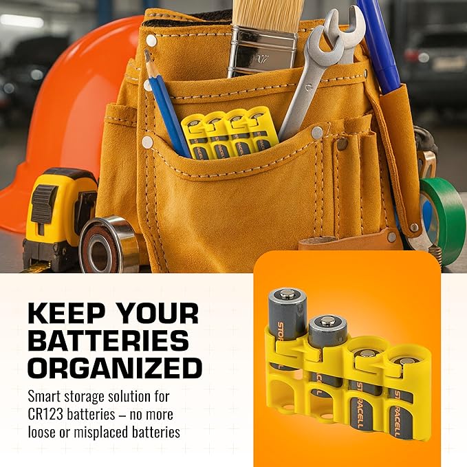 Storacell Slimline CR123 Battery Storage Caddy, Yellow, Holds 4 Batteries (Not Included)