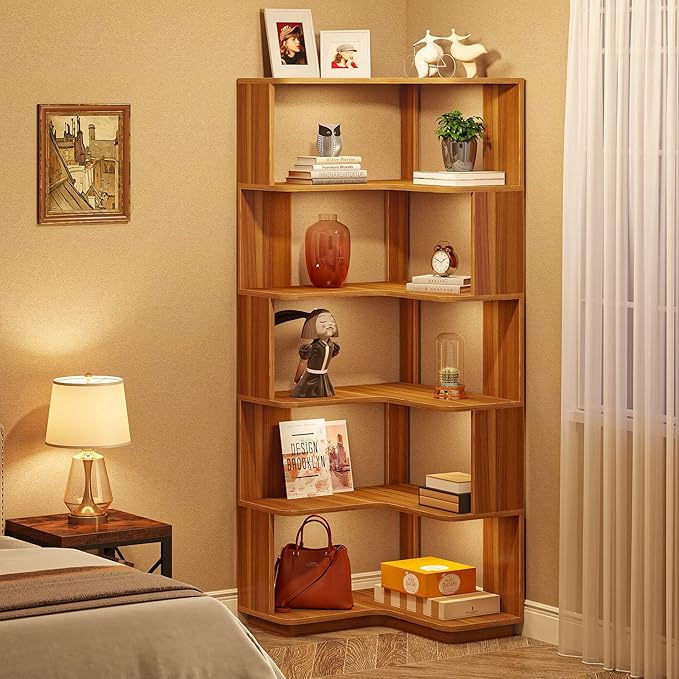 Tribesigns 6 Tier Corner Bookshelf, 64.9 Inches Tall Industrial L Shaped Bookcase with Anti-Drop Panel, Freestanding Wood Grain Shelf Display Rack Storage Organizer for Home Office