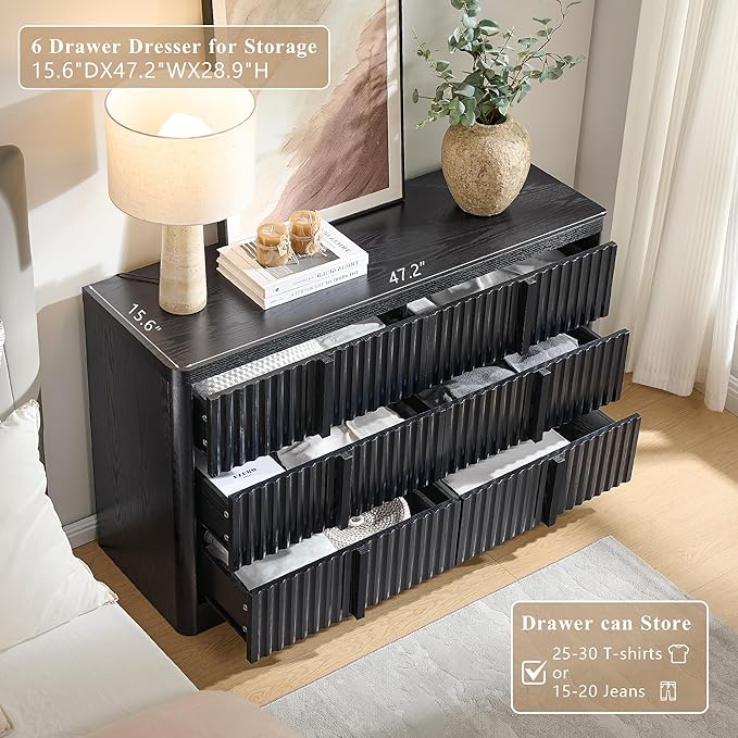 Black Fluted Dresser for Bedroom, 47" Wide 6 Drawer Dresser, Modern TV Stand Set, Curved Profile Design, Chest of Drawers with Solid Wood Handle for Living Room, Bedroom, Hallway