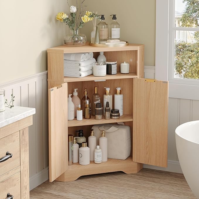 Vabches Corner Cabinet, Corner Bathroom Cabinet with Open Storage, Modern Fluted Storage Cabinet with 2 Doors and Adjustable Shelf, Space Saver for Bathroom, Kitchen, Living Room, Pantry, Natural