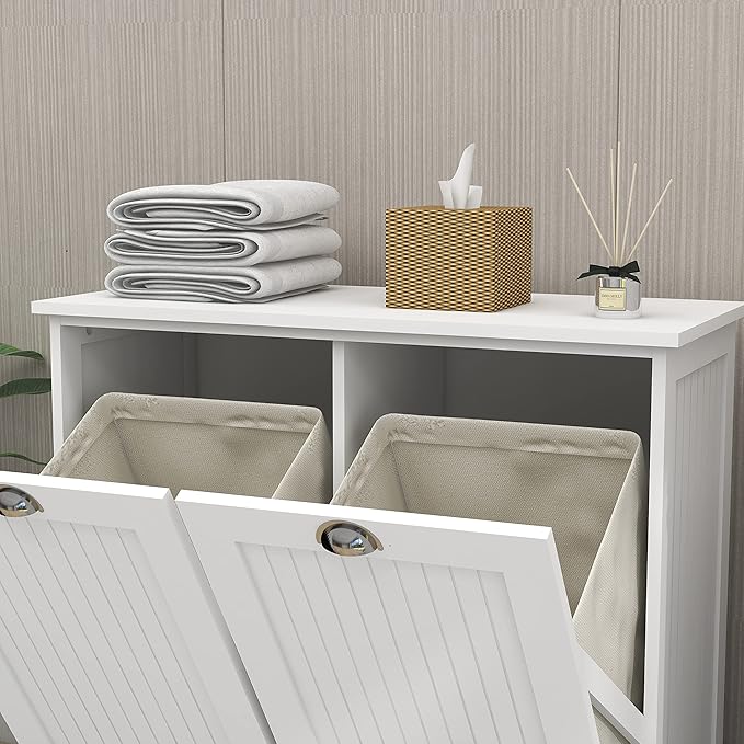 KEIKI Double Tilt-Out Laundry Hamper Cabinet with Removable Bags, Hidden Laundry Organizer for Bathroom or Laundry Room Cabinets, White