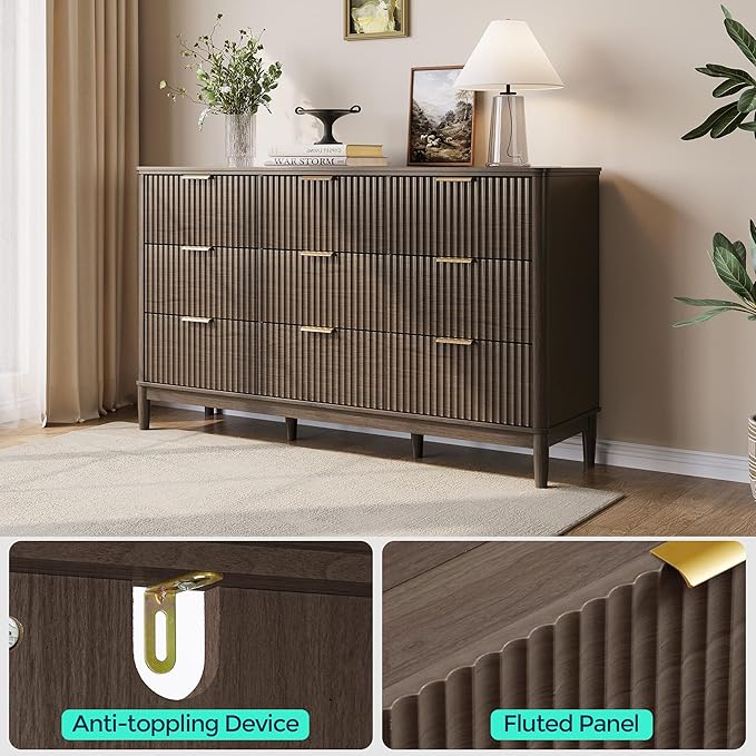 LINSY Fluted Dresser for Bedroom with 9 Drawers, Mid Century Modern Chest of Drawers with Gold Metal Handles, Wide Boho Wood Dressers, Large Farmhouse Storage Cabinet for Bedroom, Living Room, Walnut