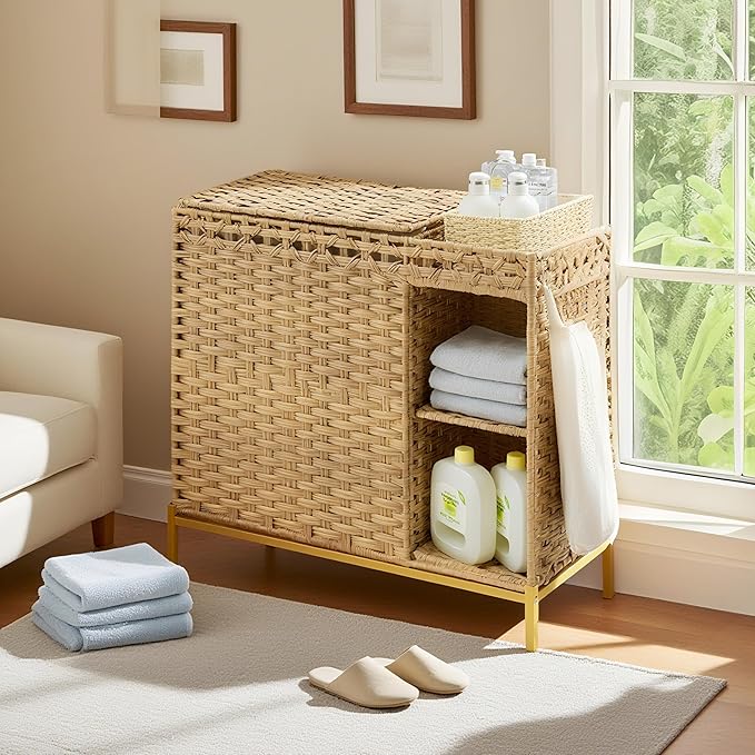 Laundry Hamper with Lid, 110L (29.1 Gal) Rattan Laundry Hamper 2 Section with 50L (13.2 Gal) Storage Shelf, Wicker Woven Laundry Sorter Basket with 3 Liner Bags and Handles, Natural GLH002N