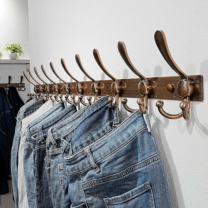 Dseap MaxStrong 2.0 Coat Rack Wall - 37” Long 10 Tri Hooks - Ultra Heavy-Duty Stainless Steel Wall Mount Coat Hanger, Hook Rail for Clothes Hats Jacket Towels Antique Copper, Pack of 2