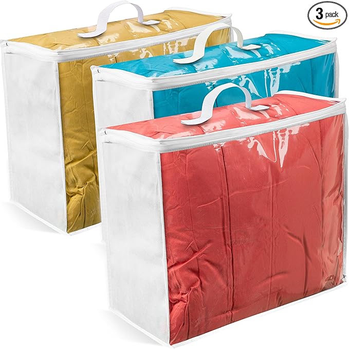 3 Pack Clear Plastic Storage Bags, Durable Zippered Storage Bags for Comforters, Blankets, Clothes, and Bedding - Breathable Nonwoven with Clear Front for Easy Organizing 20x20x8