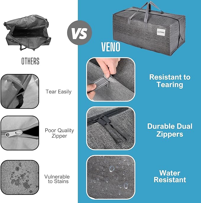 VENO 2 Pack Moving Bags w/Backpack Straps, Heavy Duty, Moving Boxes Alternative, Packing Supplies, Large Storage Totes for Dorm Room Essentials with Zipper for Clothes (Gray, 2 Pack)
