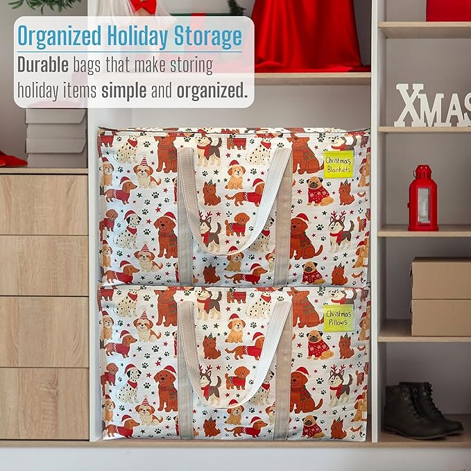 VENO 4 Pack Moving Bags and Large Christmas Storage Bins with lids. Alternative to Moving Boxes, Packing Supplies for College. Extra Large Heavy Duty Totes for Packaging (Holiday Pups, 4 Pack)