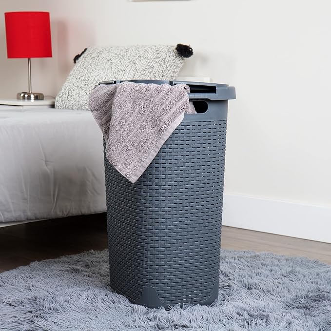 Mind Reader Slim Laundry Hamper with Lid, 60L Clothes Basket, Premium Wicker Design, Plastic, Gray