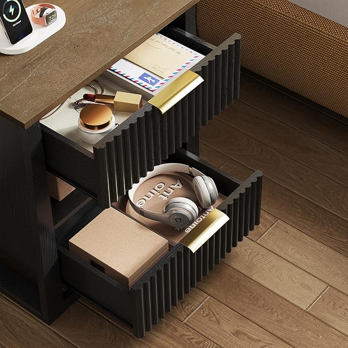 HIFYOBRO Fluted Nightstands Set of 2 with Charging Station & Motion Sensor Light, Modern Bedside Tables with 2 Drawers and Storage Shelf for Bedroom, Black