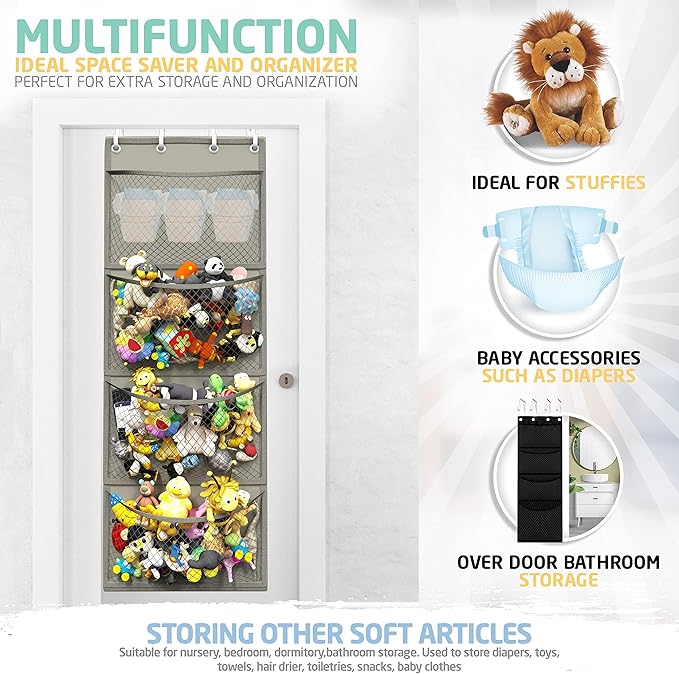 Honeyera Storage for Stuffed Animal - Over Door Organizer for Stuffies, Baby Accessories, and Toy Plush/Easy Installation with Breathable Hanging Pockets (Gray)
