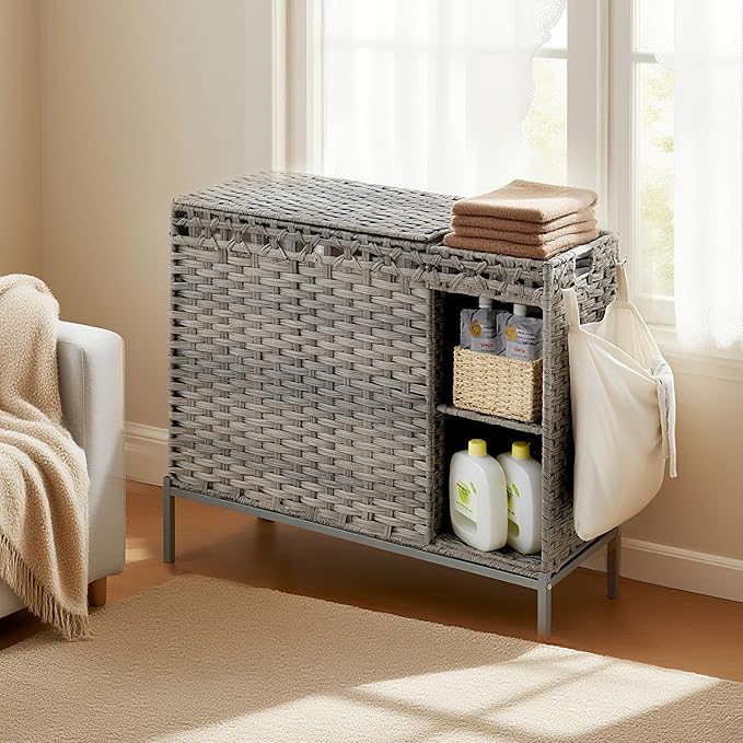 Laundry Hamper with Lid, 130L (34.4 Gal) Rattan Laundry Hamper 3 Section with 50L(13.2 Gal) Storage Shelf, Wicker Woven Laundry Sorter Basket with 4 Liner Bags and Handles, Natural GLH003N