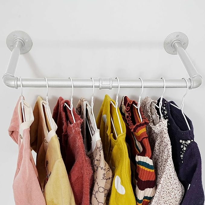 WEBI Industrial Pipe Clothing Rack,20" Wall Mounted Clothes Rack for Hanging Clothes,Heavy Duty Metal Garment Rack Bar Wall Mount Clothing Rod for Closet,Laundry Room,Silver,2 Packs