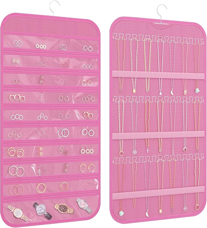 Hanging Jewelry Organizer Storage, 40 Pockets 36 Hooks Necklace Earring Necklace Bracelet Ring Organizer, Double - Sided Design, Pink