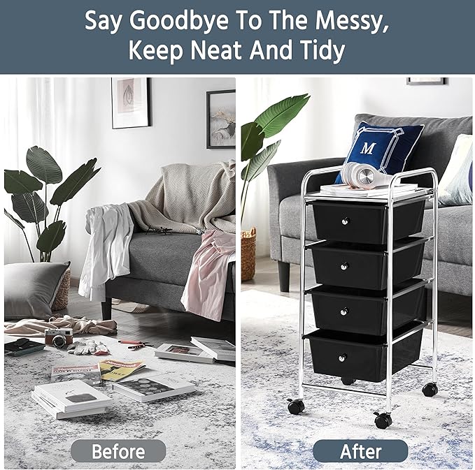 Yaheetech 4 Drawers Cart Rolling Storage Organizer Metal Frame Plastic Drawers Trolley Organizer on Wheels, Black