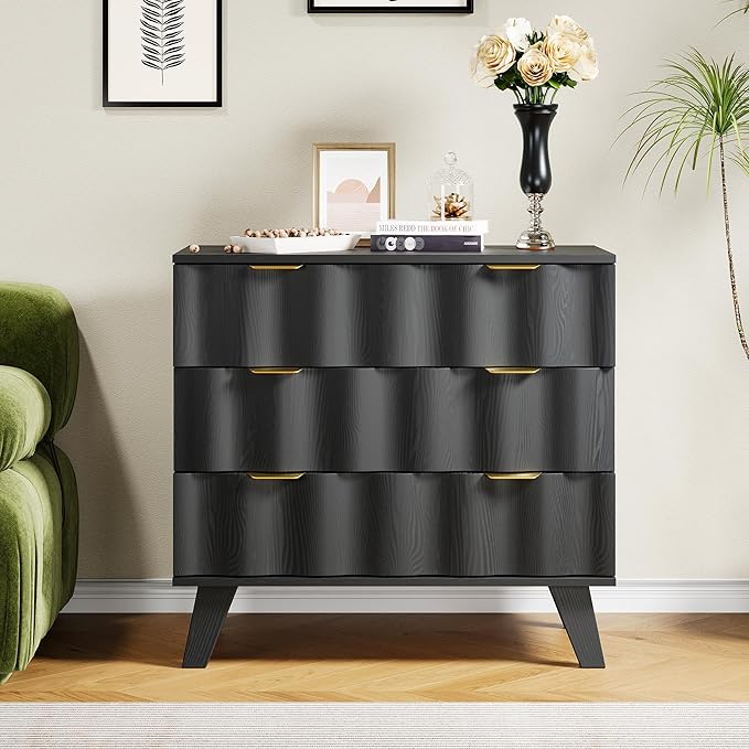 3 Drawer Dresser, Fluted Chest of Drawers with Handles for Closet, Large Nightstand with 3 Drawers Accent Cabinet for Bedroom, Living Room, Hallway (Black)