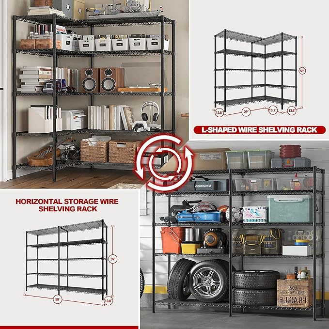 REIBII 1450LBS Metal Shelving Unit Storage Shelves 5 Tier Wire Shelving 58.1''W Pantry Shelves Wire Shelf Adjustable Garage Shelving Heavy Duty Storage Rack for Pantry Kitchen Garage, Black