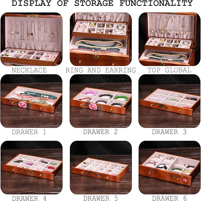 Hand-Painted Wooden Jewelry boxes for women,large jewlrey box&organizers for necklace hanger,jewerly organizer,9-layer large capacity jewelry storage box,jewelry cabinet