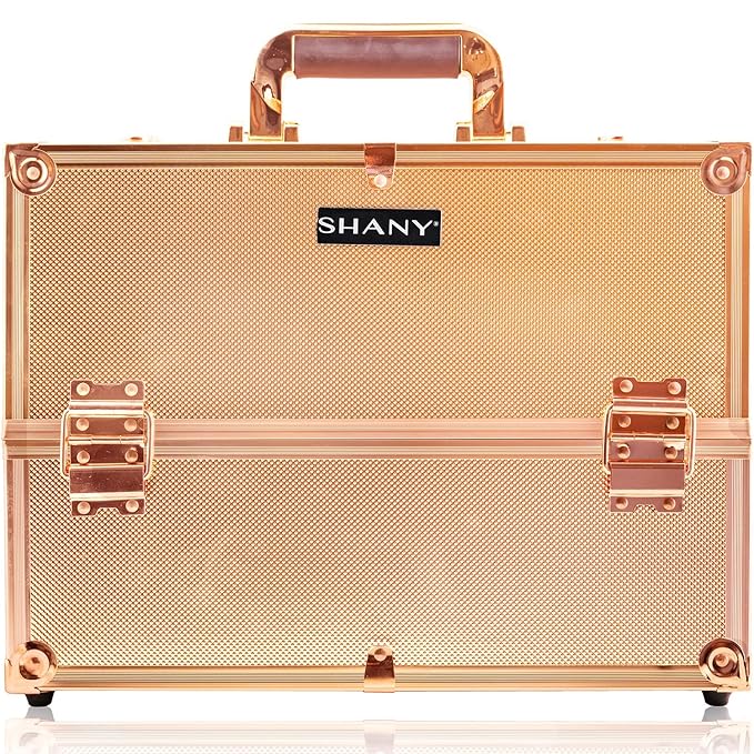 SHANY Essential Pro Makeup Train Case Cosmetic Box Portable Makeup Case Cosmetics Beauty Organizer Jewelry storage with Locks, Multi Compartments Makeup Box and Shoulder Strap - Rose Gold