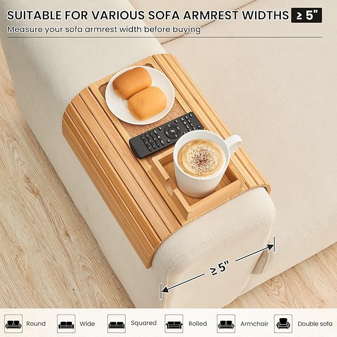 Bamboo Couch Cup Holder, Foldable Sofa Arm Tray, Anti-Slip Couch Aremrest Tray Table for Drink, Cup, Remote, Snacks, Cellphone, Portable, Bamboo/Cork Color