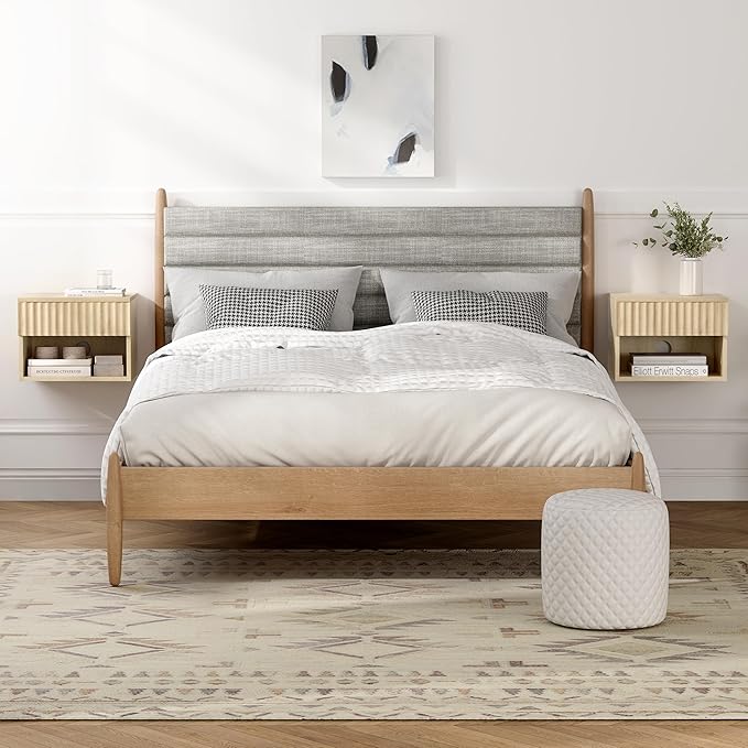Floating Nightstands Set of 2 with Drawer and Open Shelf, Small Wall Mounted Bedside End Table, Modern Fluted Night Stand for Bedroom, Living Room, Light Oak