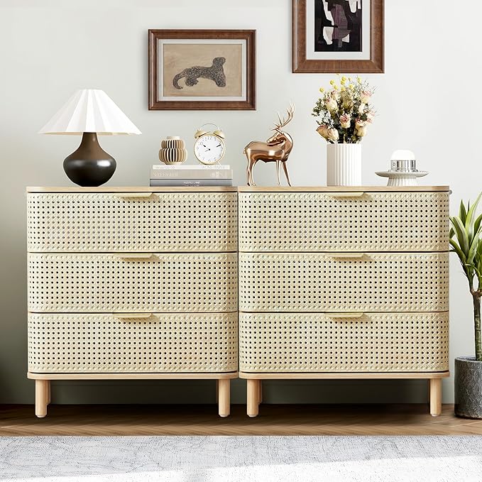 ORRD 3 Drawer Dresser Set of 2, Modern Iron Rattan Cabinet Dresser for Bedroom, Large Nightstand Accent Storage Chest of Drawers for Living Room, Bedroom - Natural