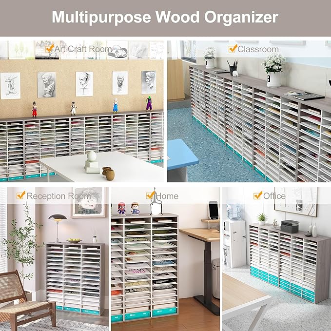 TQVAI Literature Organizer, Heavy Duty 48 Compartments Countertop Mail Organizer with Adjustable Shelves, Wooden Desk Paper Storage Organizer, Mailboxes Cubbies for Office, Classroom, Retro Grey/White
