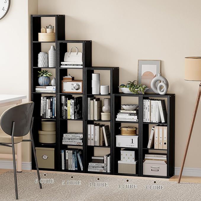 Cube Storage Organizer Bookcase, Small 4 Tier 11 inch Open Back Cubical Shelf with Thickened Border, Display Bookshelf for Living Room, Home Office, Sturdy Room (Black, 4 Cube,Vertical)