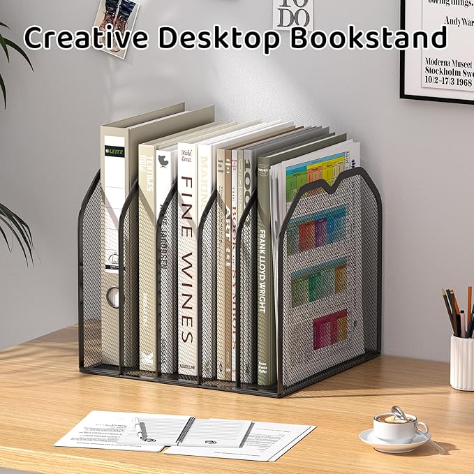 Black 5-Section File Folder Organizer for Desk – Metal Vertical File Holder, Desktop File Organizer Vertical Stand, Letter/A4 Folder Rack, Upright File Sorter