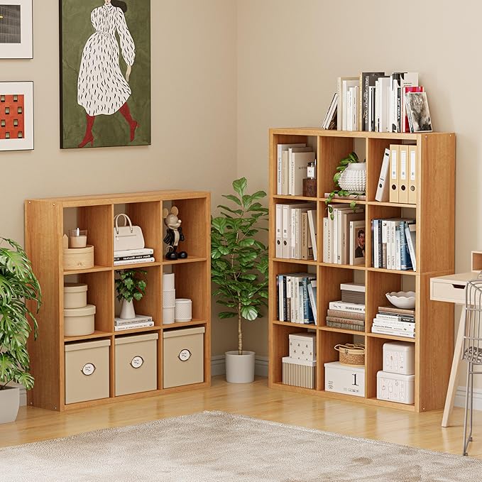 Cube Storage Organizer Bookcase, Decorative 11 inch Open Back Cubical Shelf with Thickened Border, Display Bookshelf for Living Room, Home Office, Sturdy Room (Natural Oak, 12 Cube)