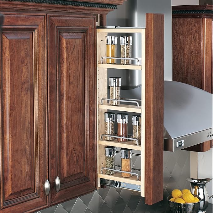 Rev-A-Shelf 3"W x 33"H Pull Out Quad Shelf Organizer for Wall & Base Kitchen Cabinets, Full Extension Filler Spice Rack, Adjustable, Wood, 432-WF33-3C